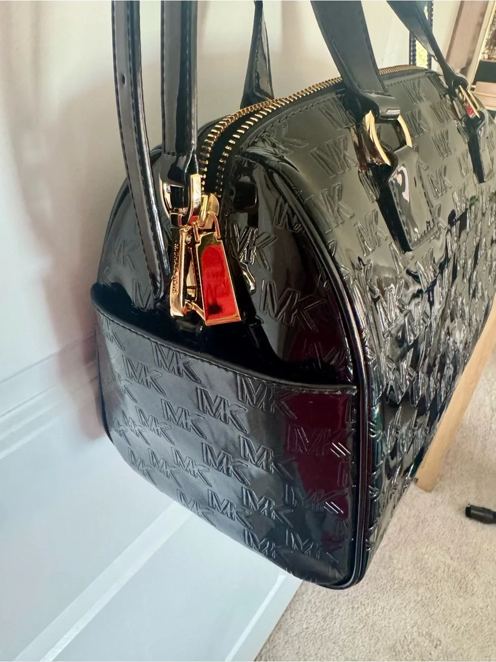 Michael Kors Grayson Black Patent Logo Satchel with Detachable Strap